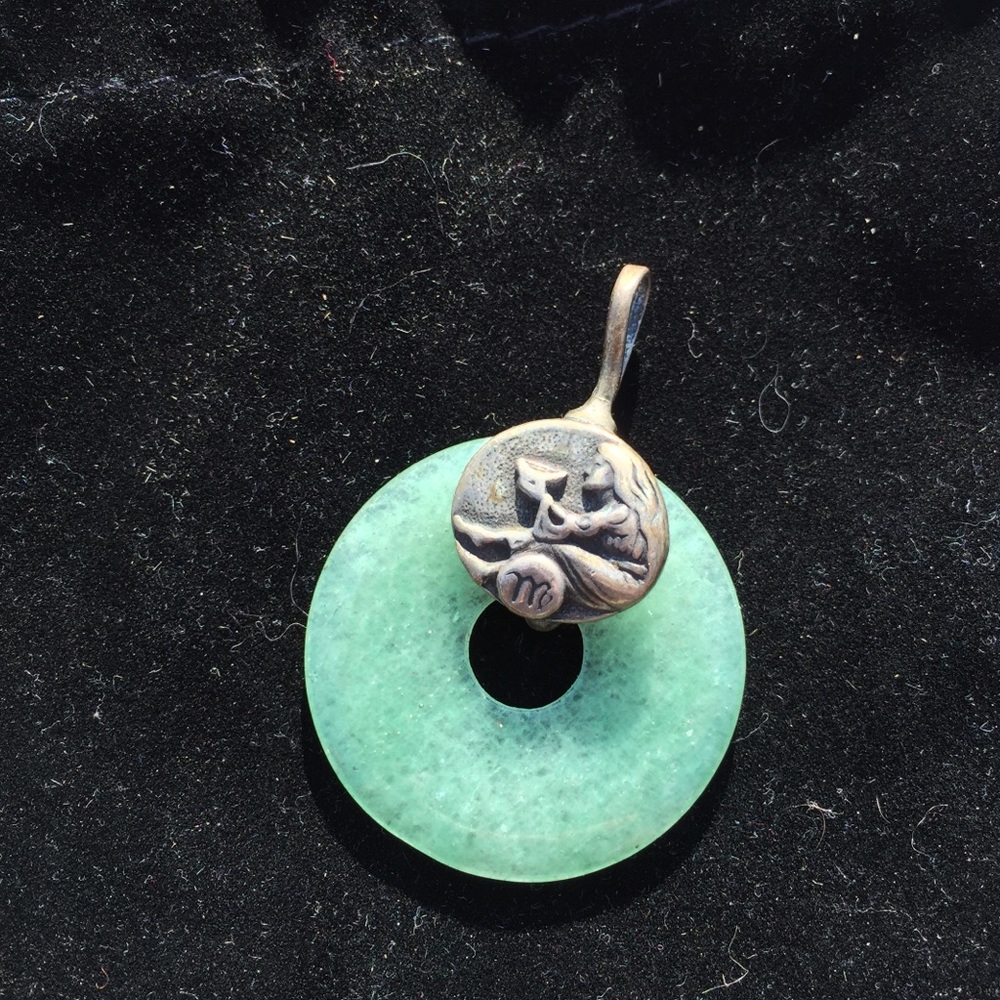 Vintage Jade Circle Good Luck Pendant with 925 Sterling Silver Virgo Sign